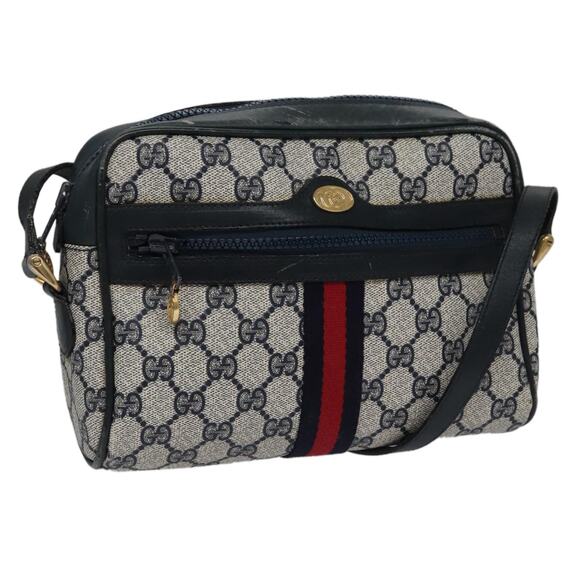 GUCCI GG Supreme Sherry Line Shoulder Bag Pvc Leather Navy Red - Picture 1 of 16